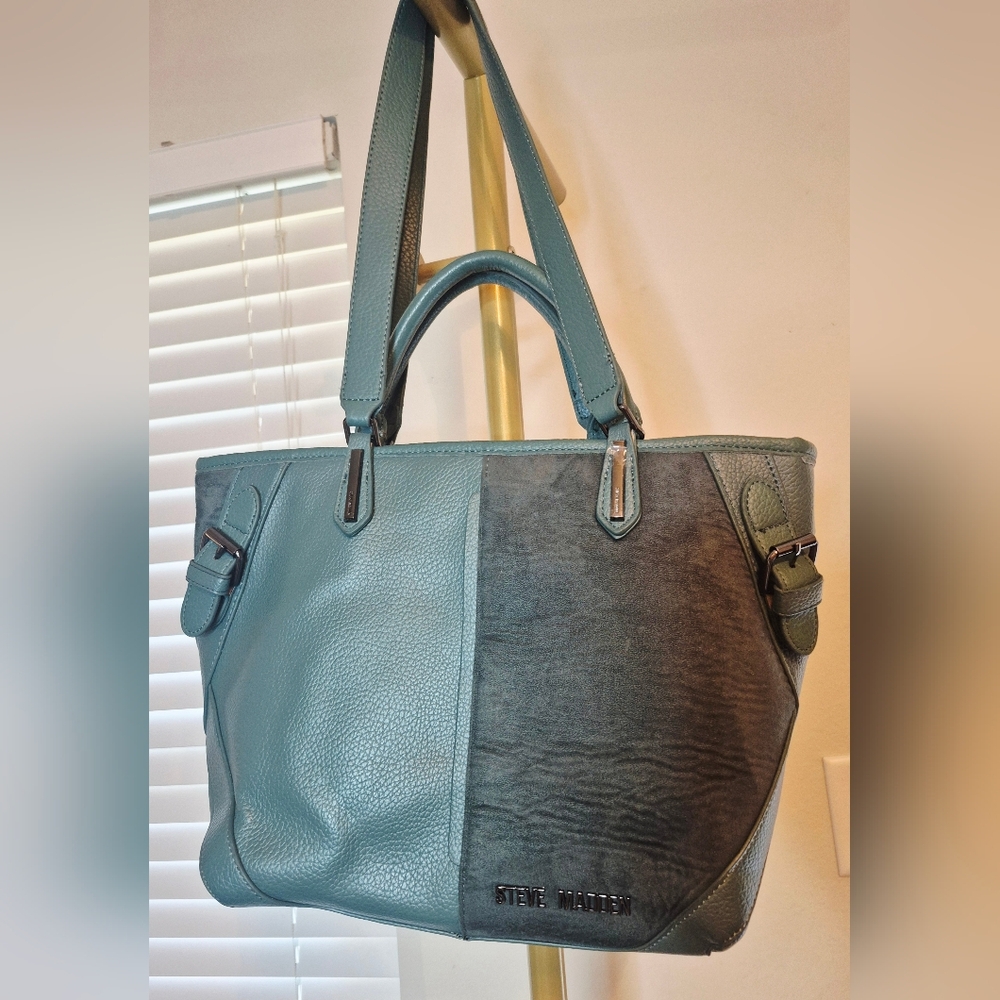 STEVE‎ MADDEN Teal Half Suede Bleticia Tote Bag Satchel Purse